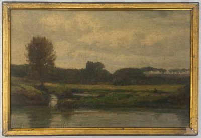 l'image d'un tableau représentant un paysage avec une rivière au premier plan
