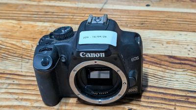 a canon camera sitting on a wooden table