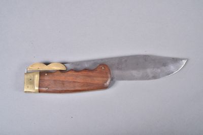 a knife with a wooden handle on a white surface