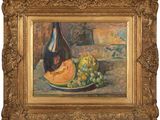 tableau représentant une nature morte avec une bouteille de vin et une assiette de fruits