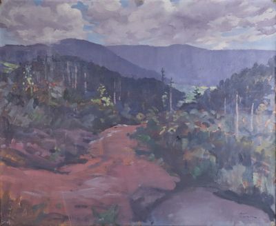 an oil painting of a dirt road in a mountainous area