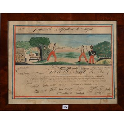 un vieux document sur lequel figure une peinture représentant un homme et une femme jouant au golf