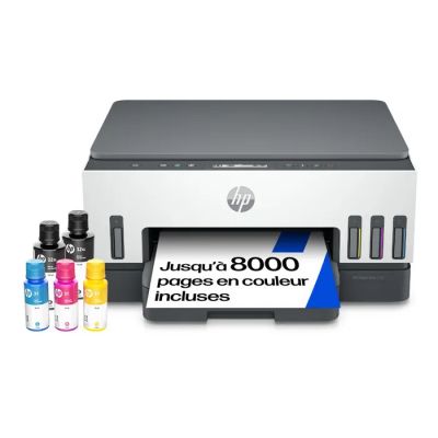 a printer with ink cartridges and ink bottles on a white background