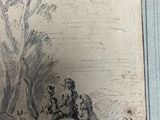 a drawing of a group of people and animals in a field