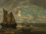 painting of boats in a body of water with a sky background