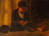 painting of a man sitting on the floor with his feet on the ground