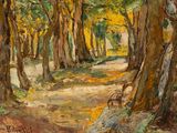 an oil painting of a path in the woods with a bench