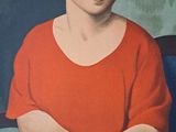 painting of a woman in a red shirt sitting in a blue chair