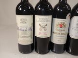 several bottles of red wine are lined up on a counter