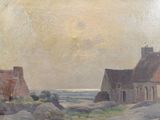 une peinture à l'huile représentant une maison sur une plage rocheuse près d'un plan d'eau