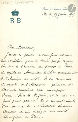 Roland BONAPARTE (1858-1924) géographe. L.A.S., Paris 19 fév…
