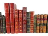 many old books lined up in a row on a shelf