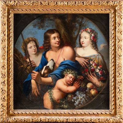 une image représentant un tableau sur lequel figurent trois femmes et un oiseau
