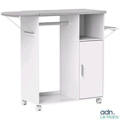 the table is made of white wood and has a marble top