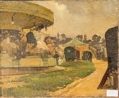 a painting of people riding on a carousel in a park