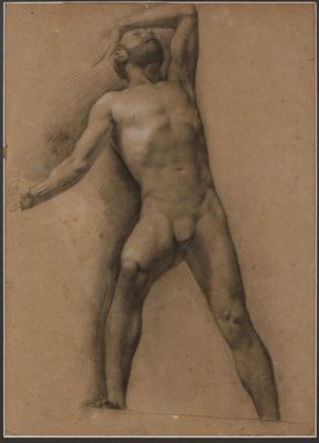dessin représentant un nu masculin debout, dans une pose, les mains derrière la tête