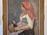 un tableau représentant une femme tenant un pot sur un chevalet