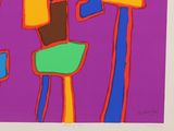purple and orange abstract painting of a chair and a table