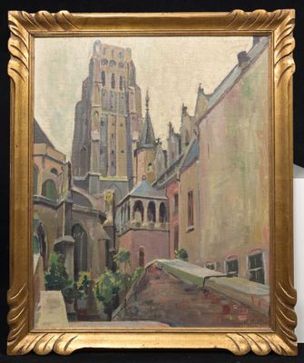 une peinture à l'huile représentant une rue de la ville avec une église en arrière-plan