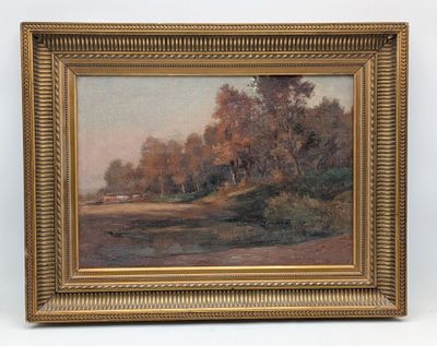 une image d'une peinture représentant un paysage avec des arbres et une rivière