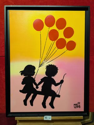 une photo d'un tableau représentant deux enfants tenant des ballons
