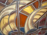 a stained glass picture of a ship in the water