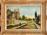 painting of a painting of a street with a building in the background