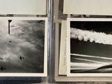 four black and white photos of airplanes flying in the sky