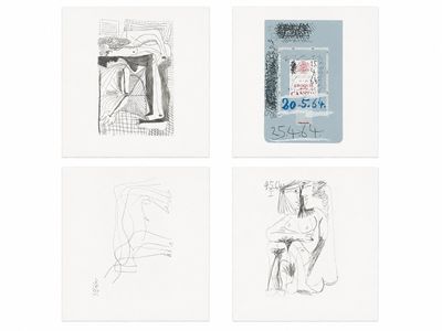 quatre dessins représentant une femme assise sur une chaise devant une fenêtre