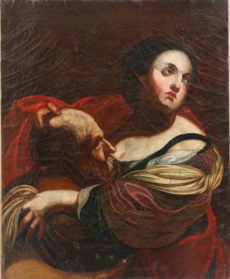 a painting of a woman in a red dress holding a bird