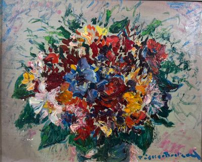 une peinture représentant un bouquet de fleurs dans un vase