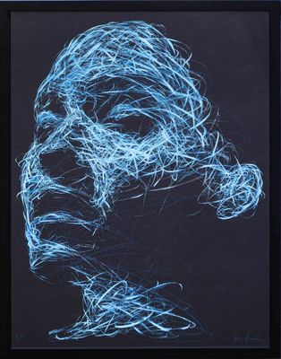 a blue drawing of a woman ' s face with hair blowing in the wind