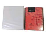 a white notebook with a red cover and a white book