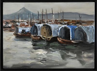 painting of boats in a harbor with a mountain in the background