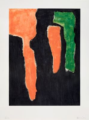 an image of a painting with orange, green and black colors