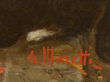 a painting of a dog laying down on the ground