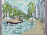 a painting of a boat going under a bridge