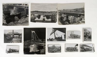 several black and white photographs of a train and a bridge