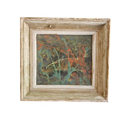 peinture représentant un papillon dans un cadre sur fond blanc