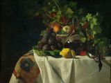 tableau représentant une nature morte avec des fruits posés sur une table, accompagnés d'un couteau