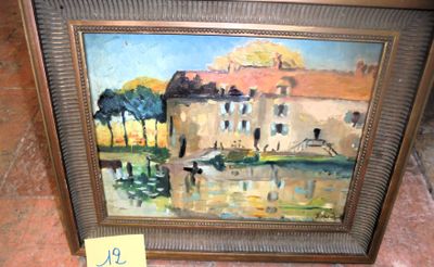 a picture of a painting of a house by the water