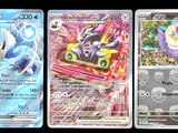 four different pokemon cards are shown in a row on a black background