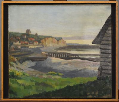 une peinture à l'huile représentant une vue de plage avec un pont au premier plan