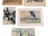 quatre aquarelles représentant des bâtiments et des arbres sur fond blanc