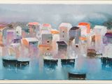 painting of a painting of a city by a body of water
