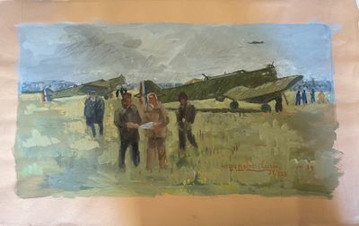 a painting of a group of people standing in front of an airplane