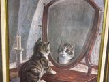 painting of a cat sitting on a stool looking at its reflection in a mirror