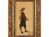 a painting of a man in a hat and a dress holding a basket