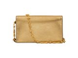 a gold clutch bag with a chain strap on a white background