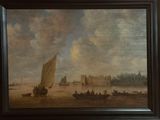 a painting of a boat in the water with a castle in the background